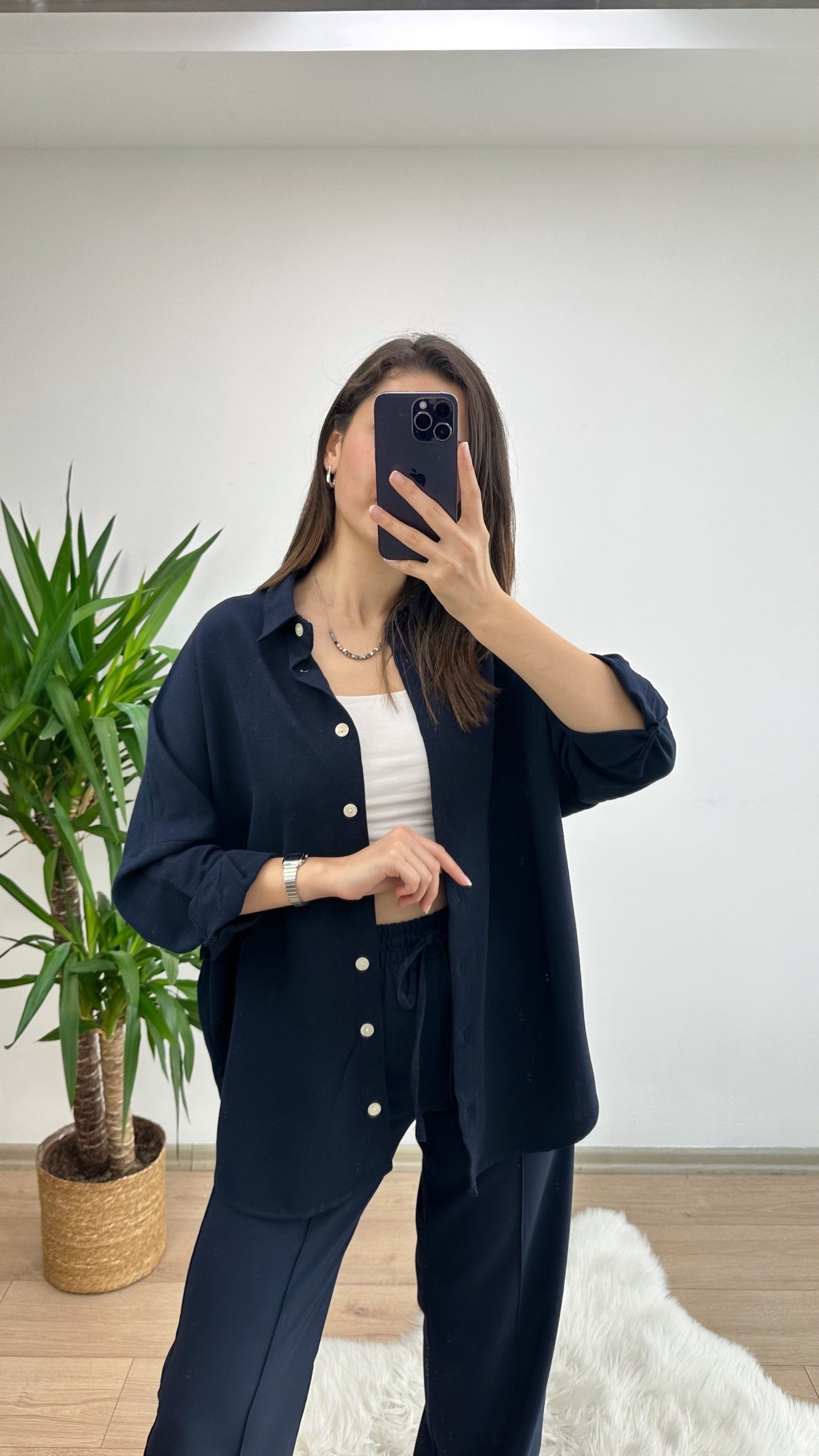 Lacivert Oversize Keten Gömlek - Görsel 3