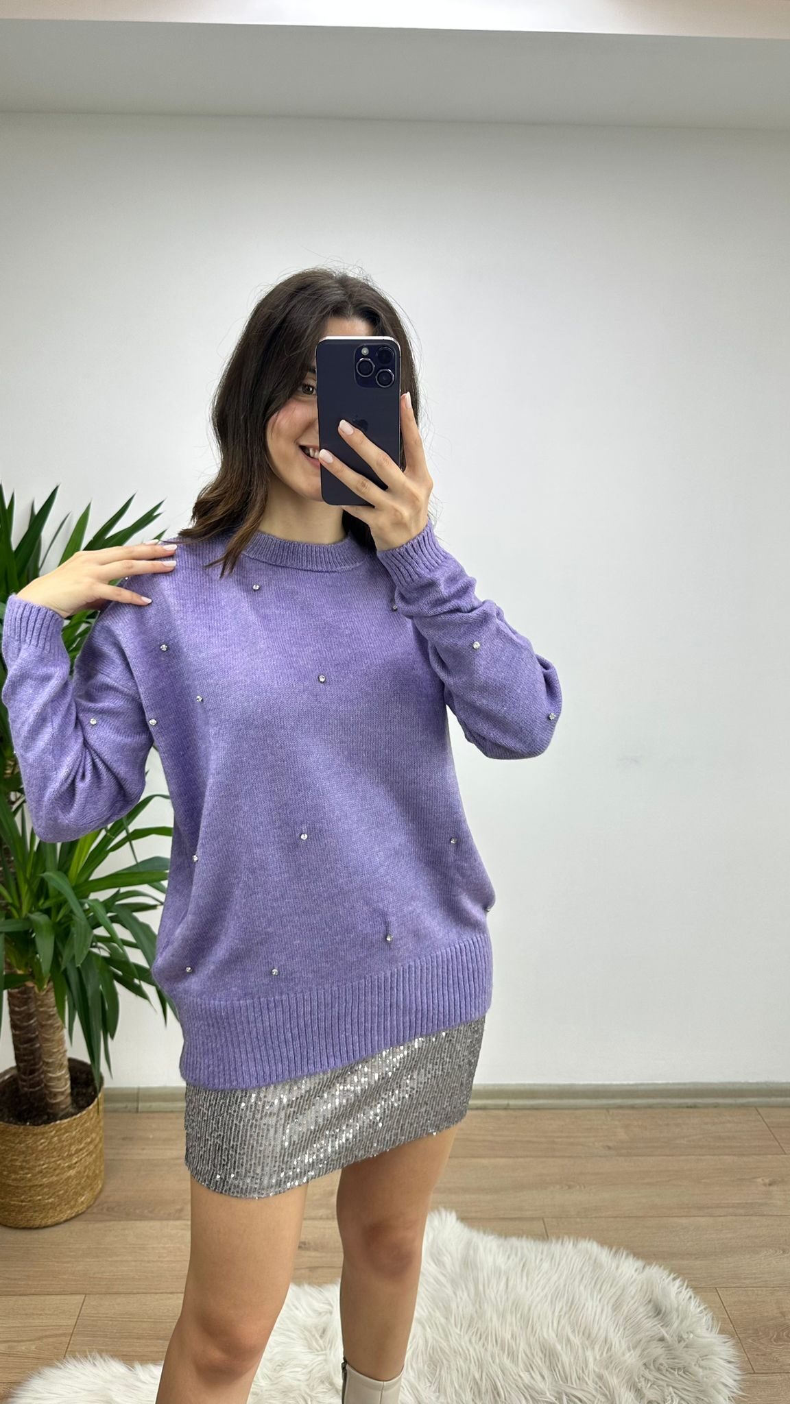 Lila Taşlı Premium Triko Kazak