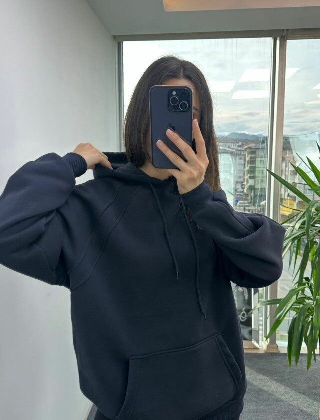 Dark Blue Dikişli Kapşonlu Sweat