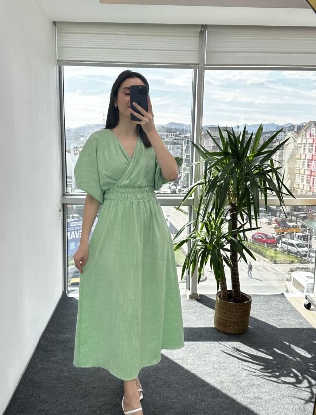 Mint Yeşili Kruvaze Keten Elbise